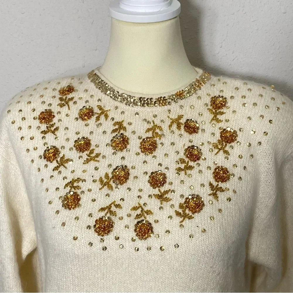 Worthington Vintage Silk, Angora & Lambswool Ivory Knit Sequin Sweater Women's M